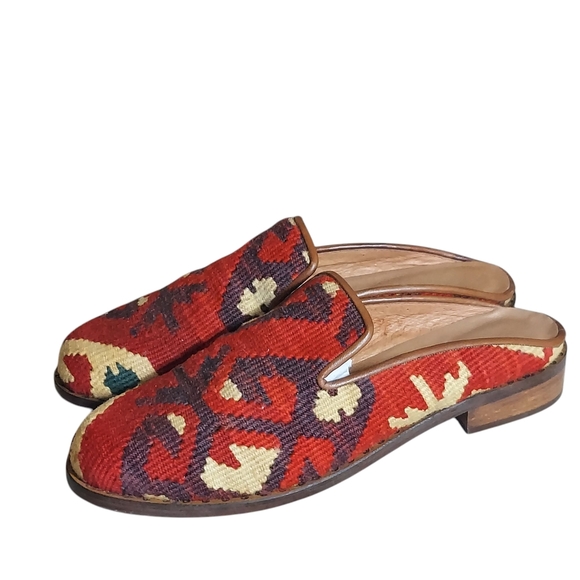 Vintage Red Brown Turkish Wool Rug Mules Slip Ons Stacked Wood Block Heels - Picture 15 of 16
